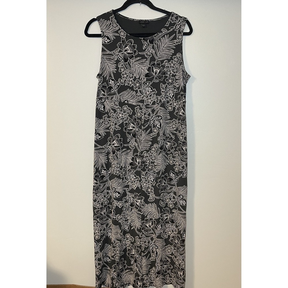 J Jill Wearever Collection Dress M Dark Gray Floral Sleeveless Stretchy Leaves